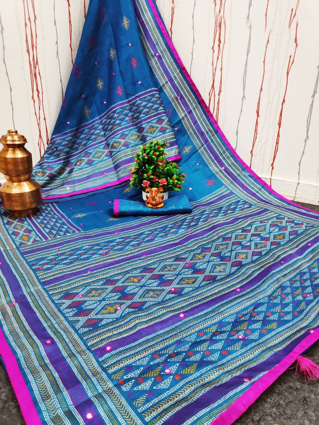 Printed Handloom Jute Silk Saree  (Light Blue)