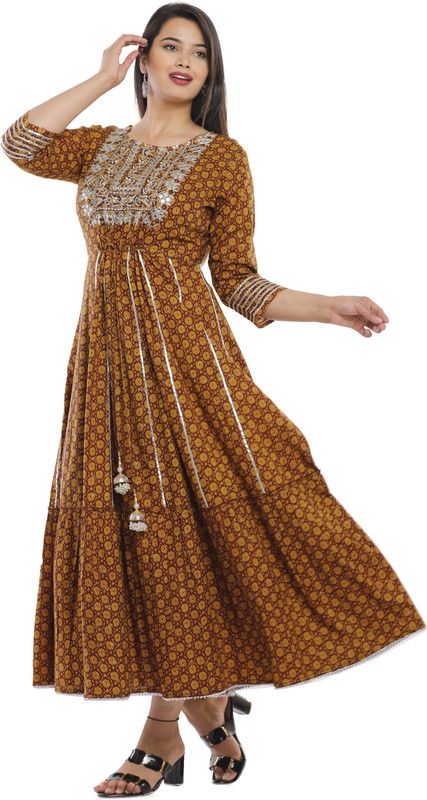 Women Printed, Self Design, Block Print, Floral Print, Solid Viscose Rayon Anarkali Kurta  (Brown)