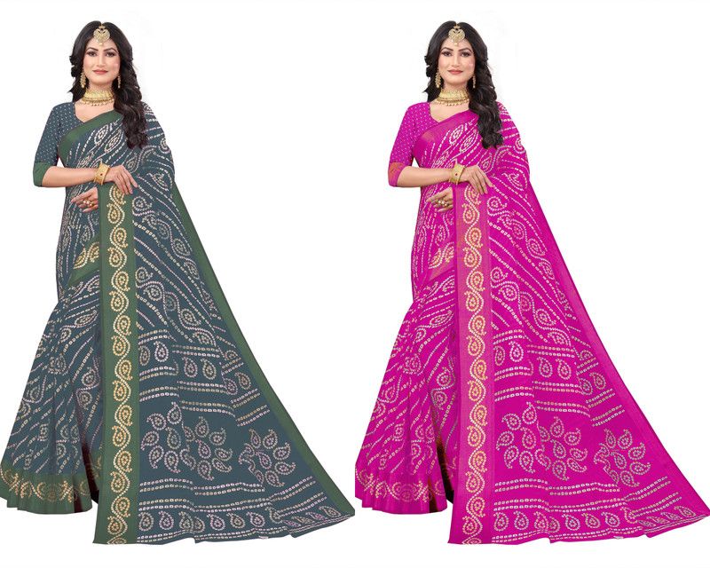 Bandhani Cotton Silk Saree  (Pack of 2, Grey, Pink)