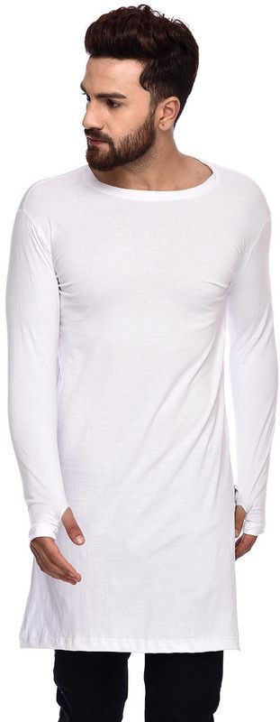 Solid Men's Full Sleeve Kurta T-Shirt Fully Cotton Blend T-Shirts - Solid White04 Men Printed Round Neck Cotton Blend White T-Shirt