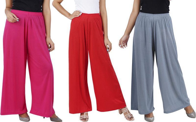 Pack of 3 Women Flared Pink, Red, Grey Cotton Blend Trousers