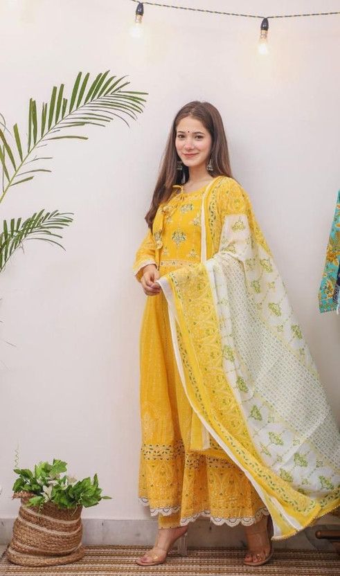 Women Printed Cotton Rayon Anarkali Kurta With Attached Dupatta  (Yellow)