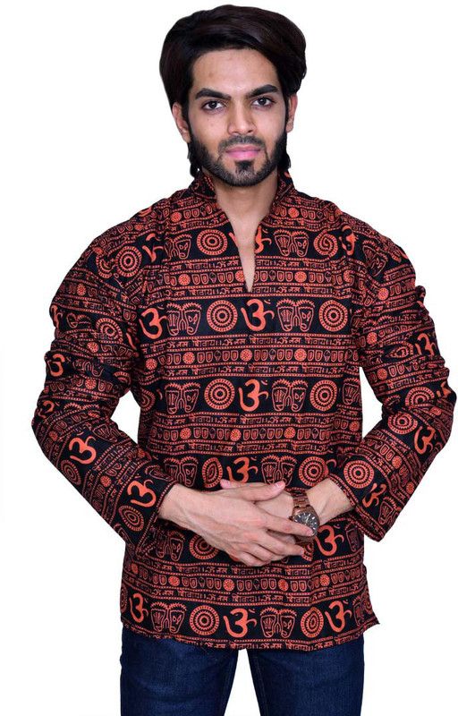 Men Printed Khadi Cotton Straight Kurta  (Maroon)
