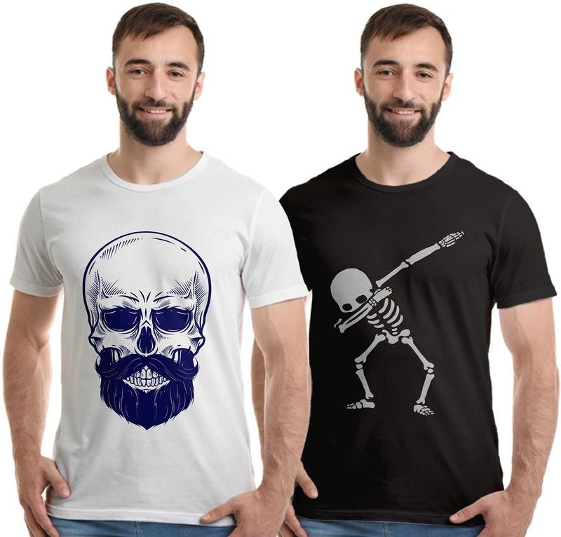 Pack of 2 Men Printed Round Neck Pure Cotton Black, Grey T-Shirt