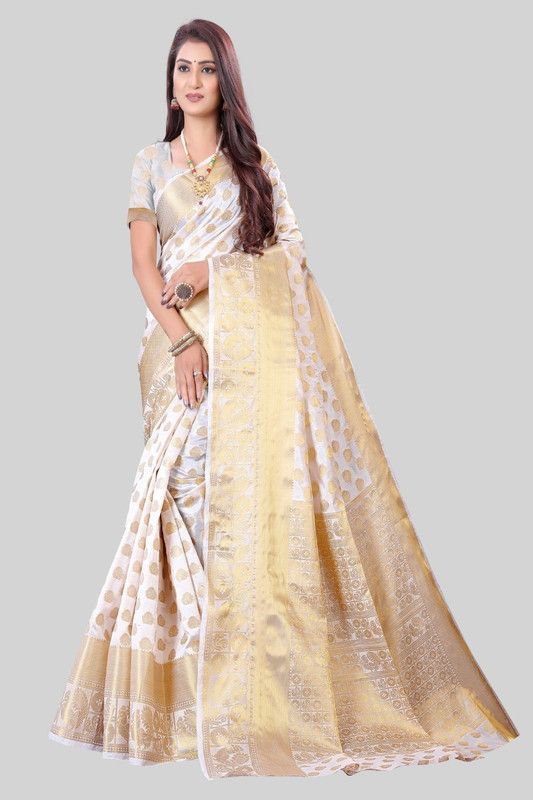 Woven Kanjivaram Art Silk Saree  (White, Gold)