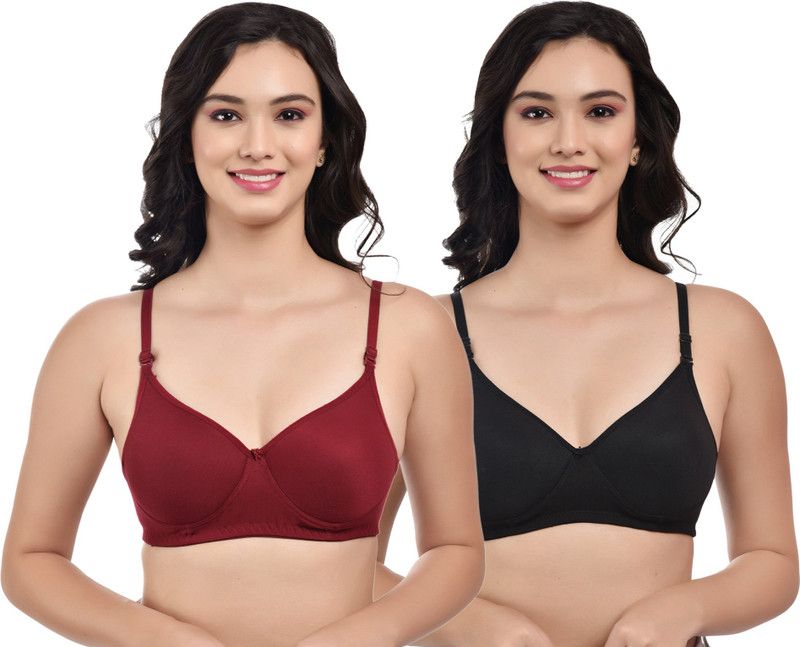 Pack of 2 Women T-Shirt Lightly Padded Bra  (Black, Maroon)