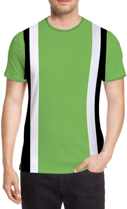 Men Striped Round Neck Pure Cotton White, Green, Black T-Shirt