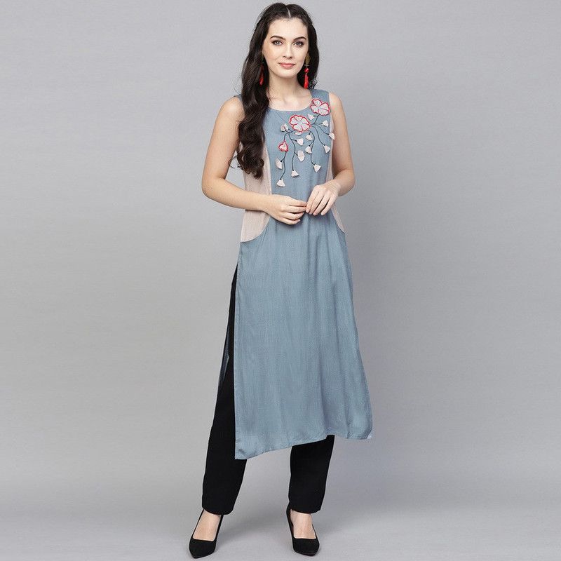 Women Colorblock Viscose Rayon Straight Kurta  (Blue)