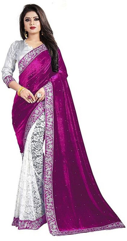 Embellished Bollywood Velvet Saree  (Purple)