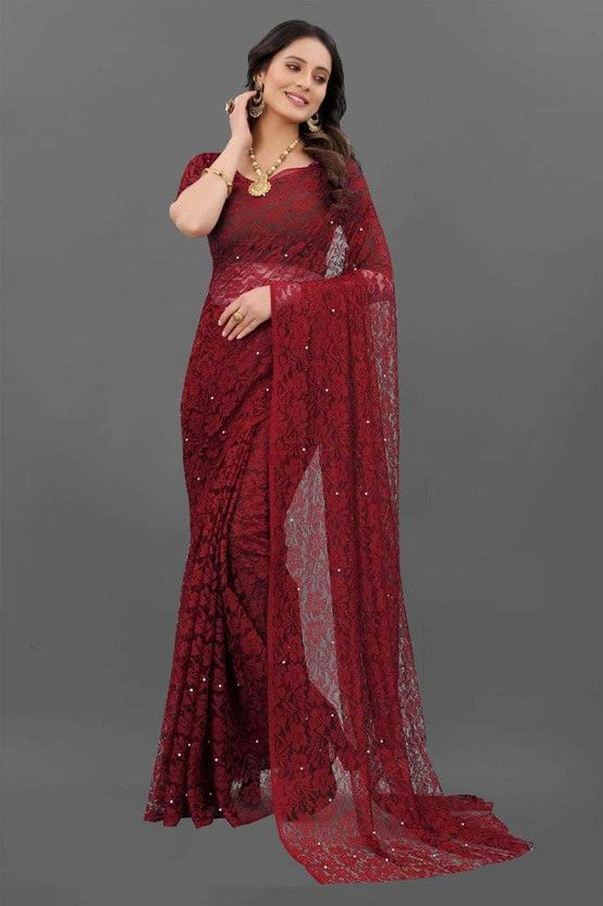 Solid/Plain Bollywood Net, Art Silk Saree  (Maroon)