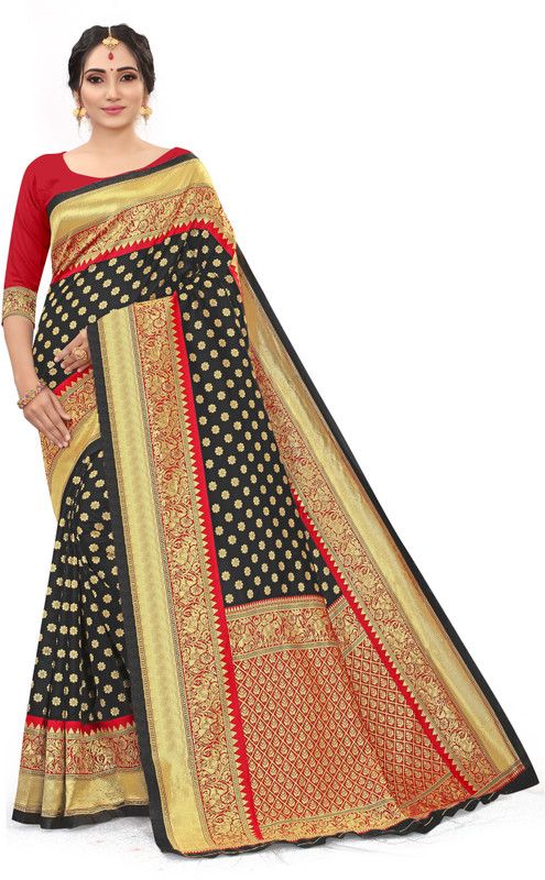 Embroidered, Woven Banarasi Silk Blend Saree  (Black)