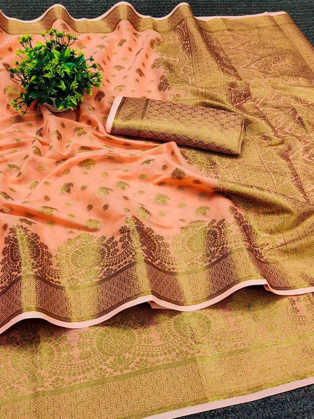 Printed, Self Design, Embellished, Woven, Floral Print, Blocked Printed Banarasi Silk Blend Saree  (Orange)