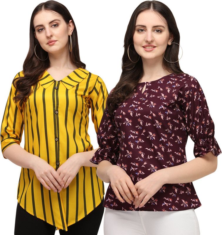Pack of 2 Party Regular Sleeves Striped, Floral Print Women Maroon, Yellow Top