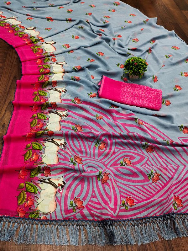 Daily Wear Velvet, Art Silk Saree  (Grey, Pink)