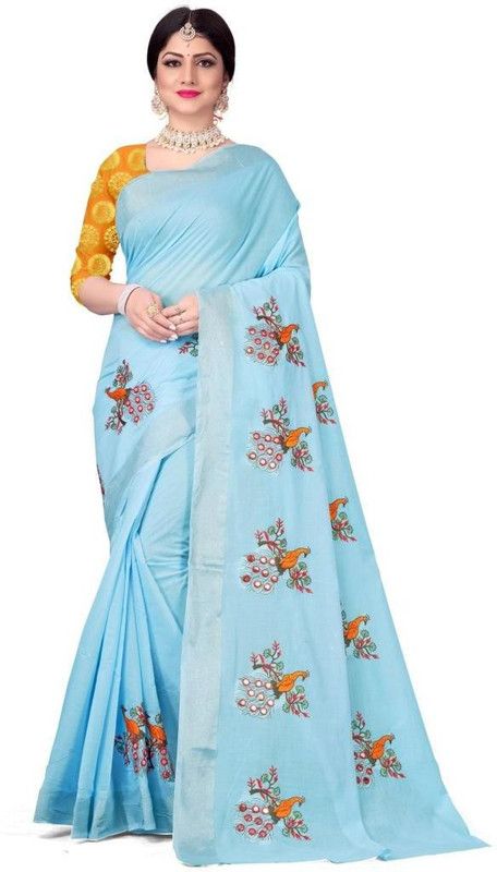 Embroidered Kota Doria Cotton Silk Saree  (Blue, Yellow)