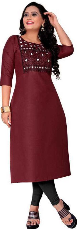 Women Embroidered Cotton Blend Straight Kurta  (Maroon)