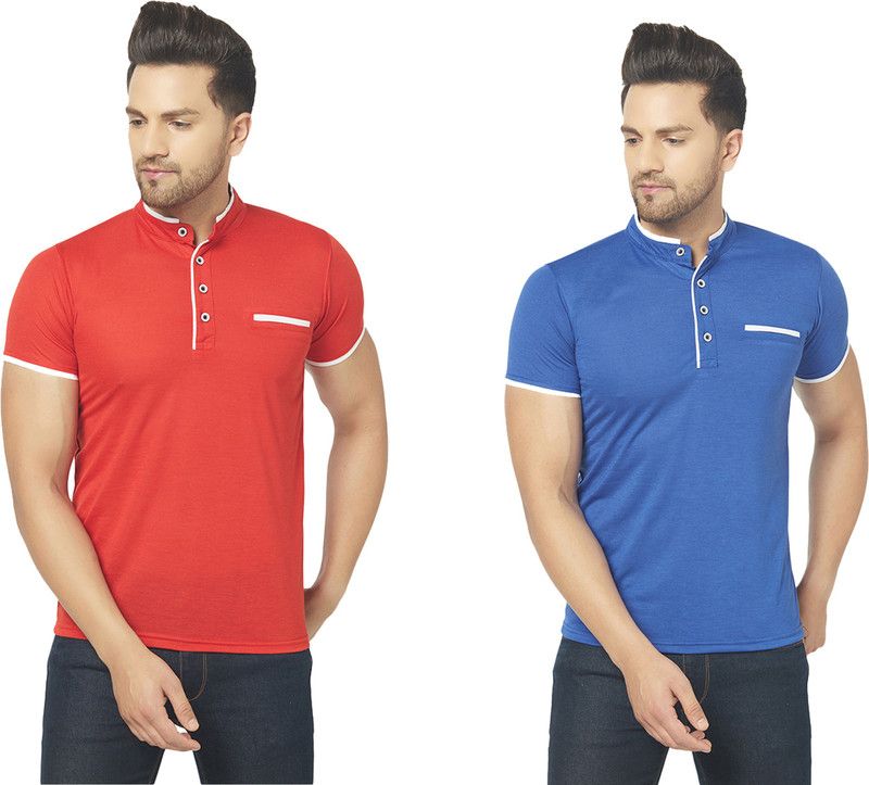 Pack of 2 Men Solid Henley Neck Cotton Blend Red, Blue T-Shirt