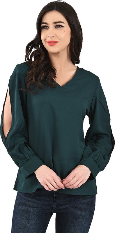 Casual Slit Sleeves Solid Women Green Top