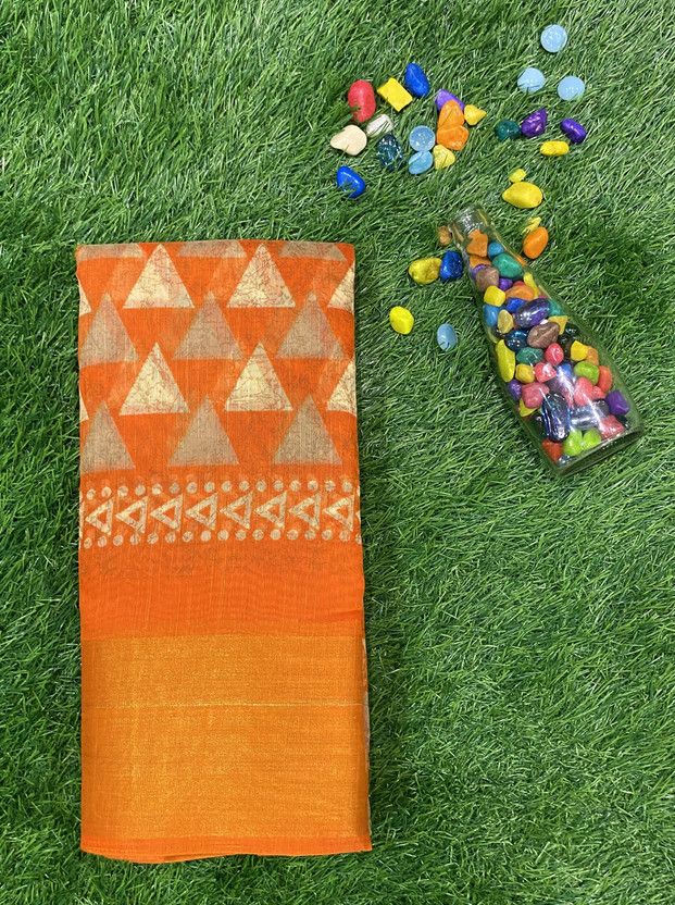 Printed Daily Wear Cotton Blend Saree  (Orange)