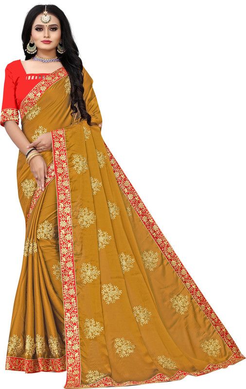 Embroidered Bollywood Silk Blend, Polyester Saree  (Red, Gold, Yellow)
