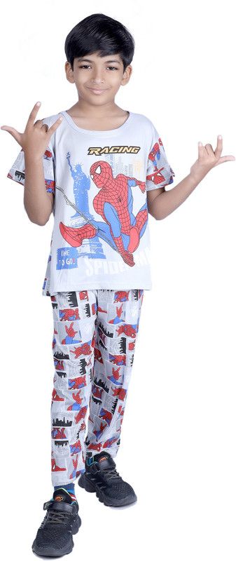 Boys Casual T-shirt Pant  (White)