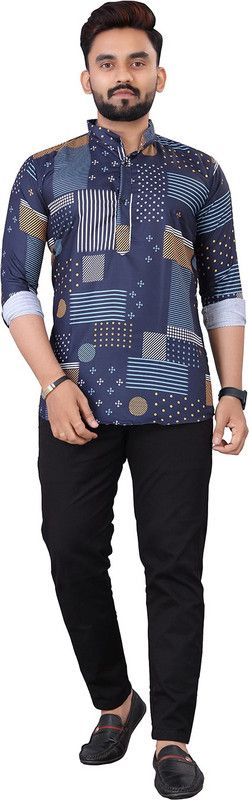 Men Printed Cotton Blend Straight Kurta  (Dark Blue)