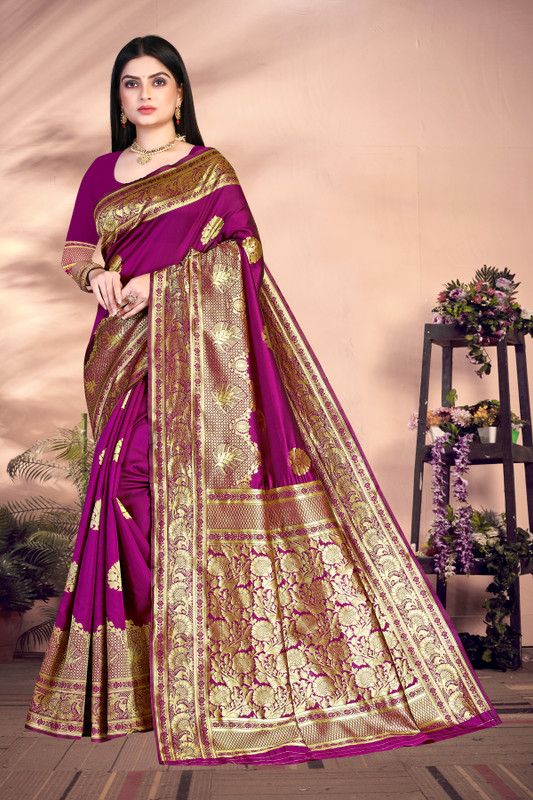 Woven Bollywood Cotton Linen, Cotton Silk Saree  (Purple, Gold)