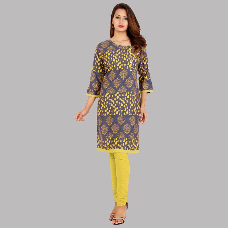 Women Printed Cotton Blend Straight Kurta  (Blue, Yellow)