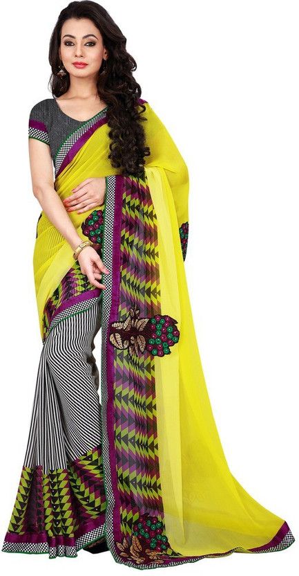 Embroidered Bollywood Georgette, Chiffon Saree  (Multicolor, Yellow)