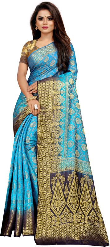 Self Design, Woven Kanjivaram Pure Silk, Art Silk Saree  (Dark Blue, Light Blue)