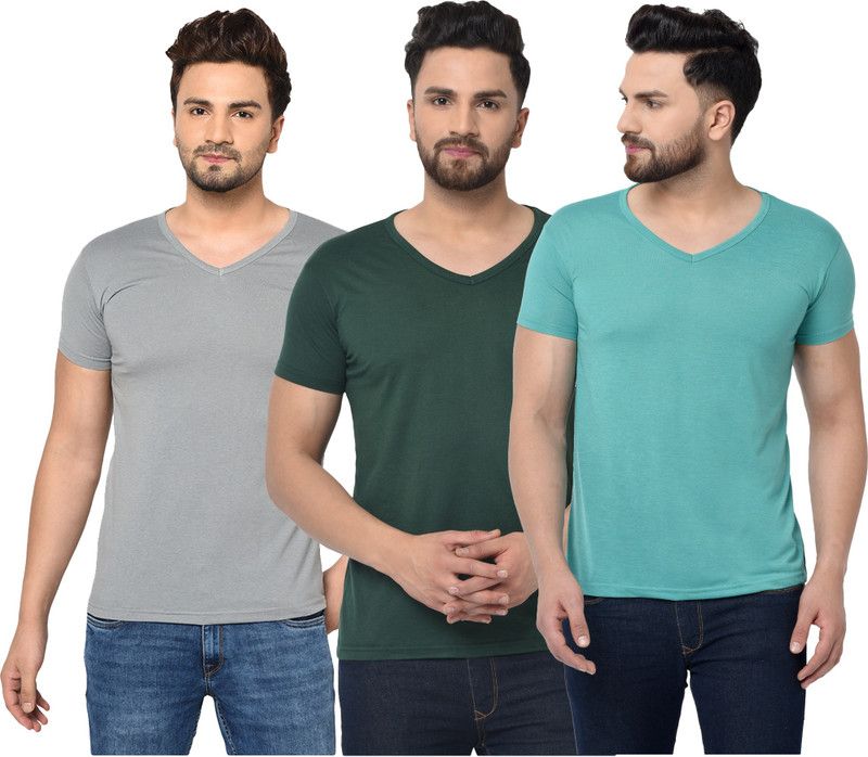 Pack of 3 V neck Combo T-shirts Multicolor Men Solid V Neck Cotton Blend Dark Green, Light Blue, Grey T-Shirt