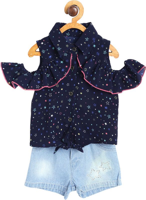 Girls Casual Top Shorts  (Dark Blue)