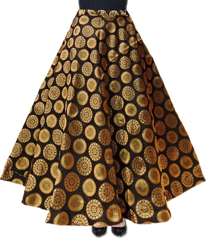 Women Printed Flared Black, Gold Skirt