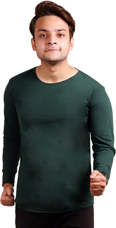 Men Self Design Round Neck Pure Cotton Green T-Shirt