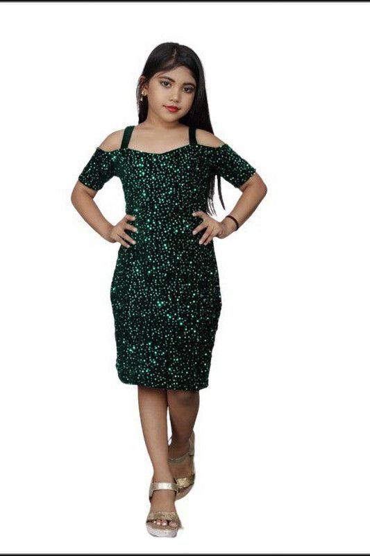 Girls Midi/Knee Length Party Dress  (Green, Short Sleeve)