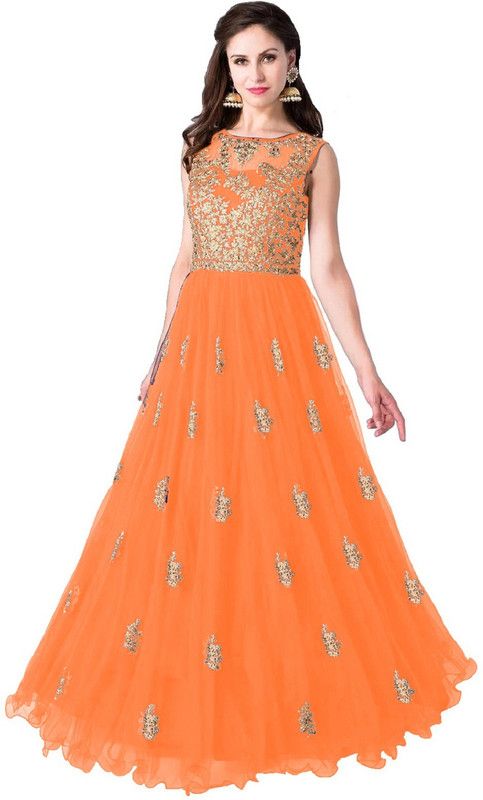 Net Semi Stitched Anarkali Gown  (Orange)