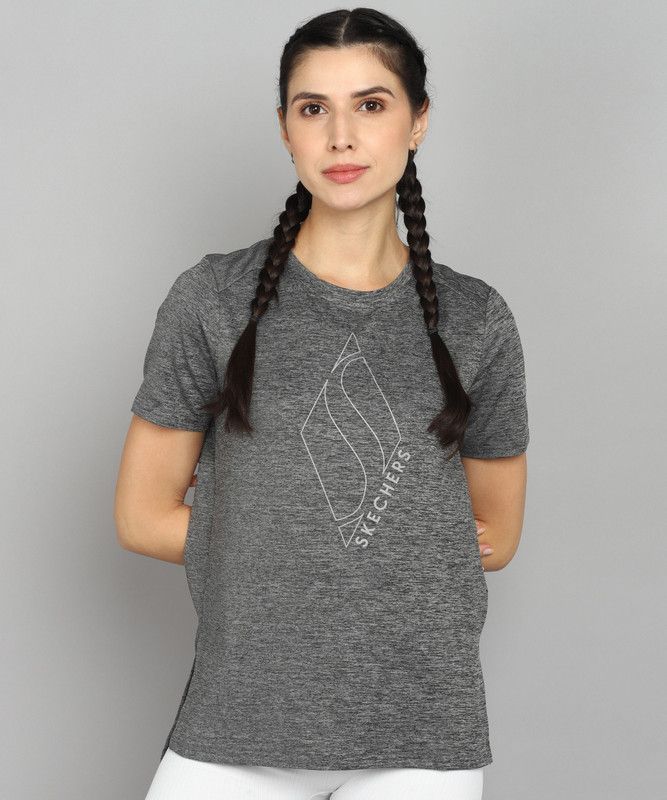 Women Printed Round Neck Polyester Grey T-Shirt