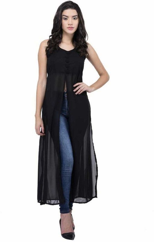 Women Solid Georgette Frontslit Kurta  (Black)