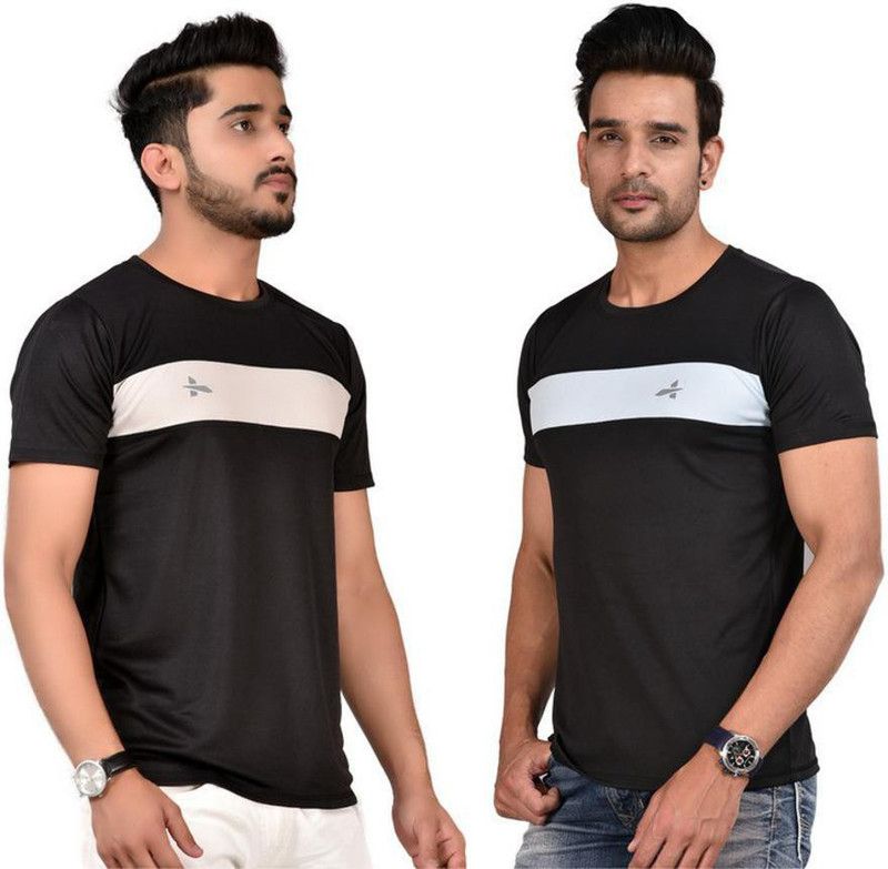 Pack of 2 Men Color Block Round Neck Polyester Black T-Shirt