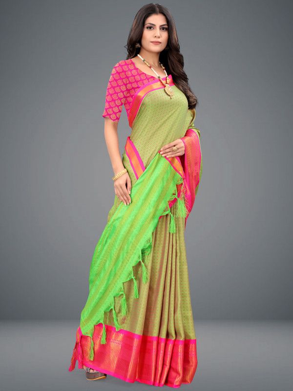 Woven Banarasi Jacquard, Cotton Silk Saree  (Pink, Light Green)