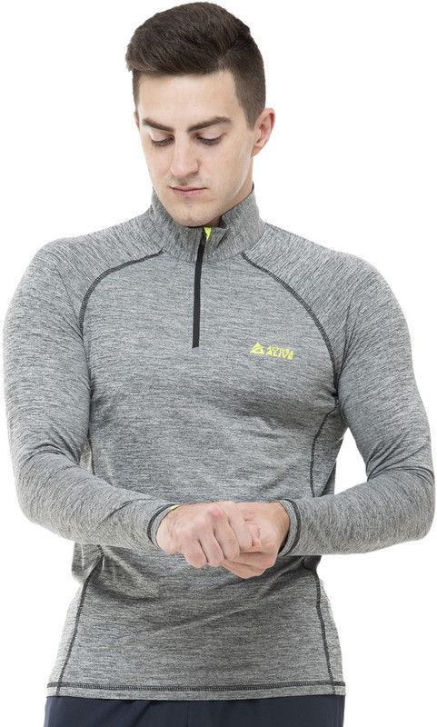 Men Self Design High Neck Polyester Grey T-Shirt