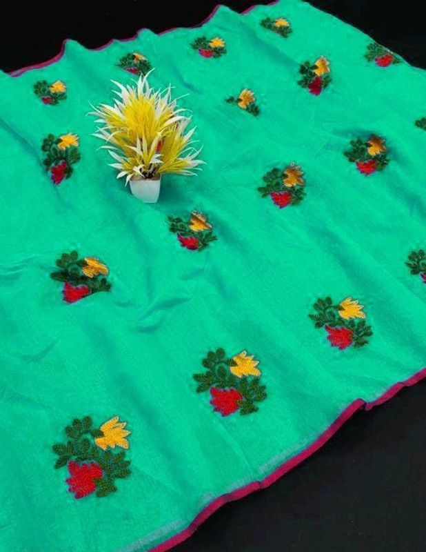 Floral Print Chanderi Cotton Blend Saree  (Dark Green)