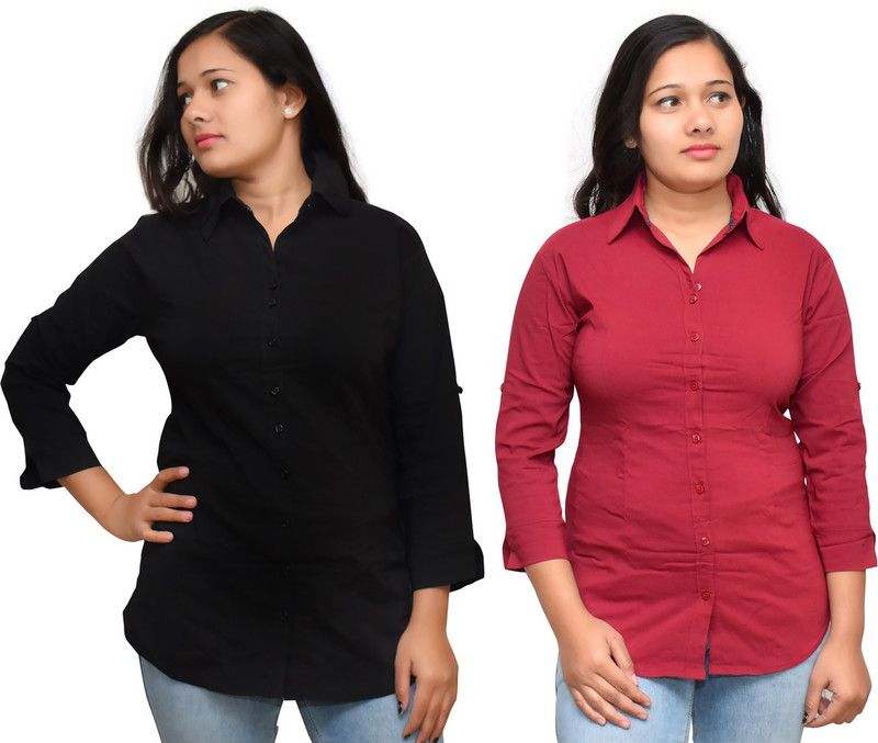 Pack of 2 Casual Regular Sleeves Solid Women Maroon, Black Top