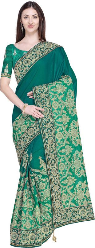 Embellished Bollywood Silk Blend, Satin Saree  (Green)