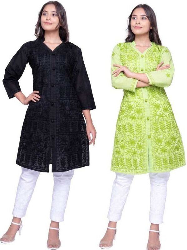 Pack of 2 Women Chikan Embroidery Pure Cotton Straight Kurta  (Green, Black)