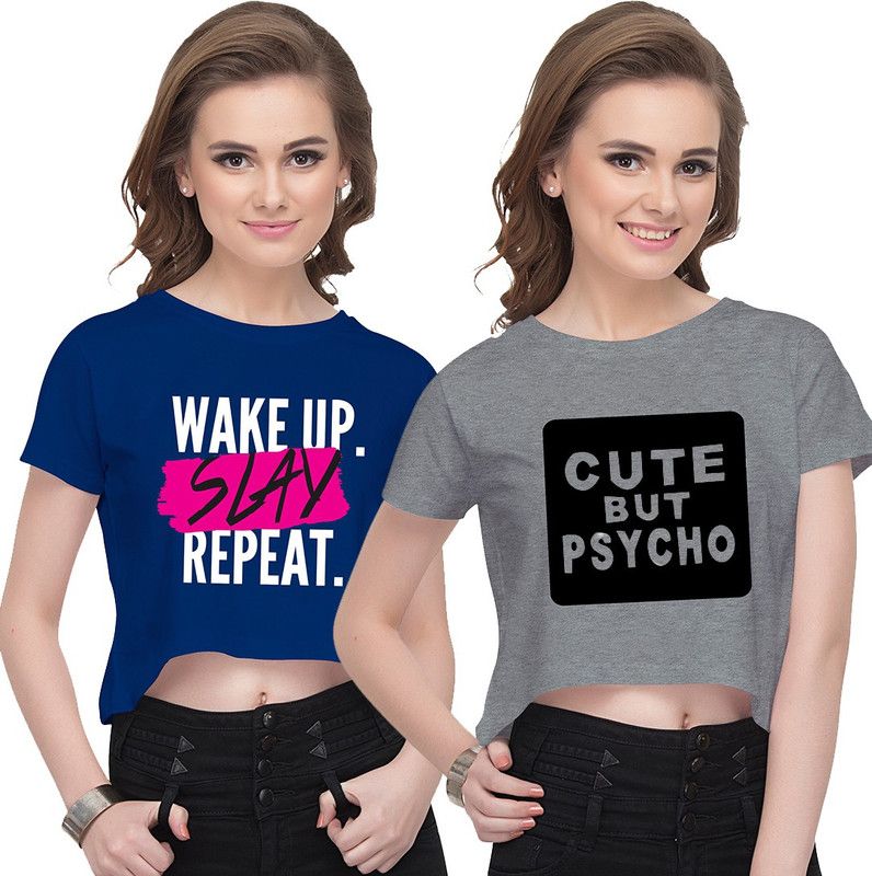 Pack of 2 Casual Regular Sleeves Printed Women Blue, Grey Top