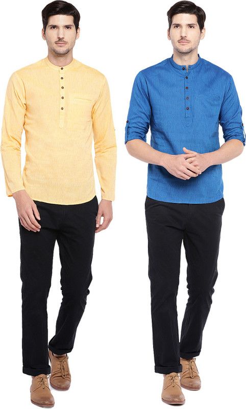 Pack of 2 Men Self Design Pure Cotton Straight Kurta  (Multicolor)