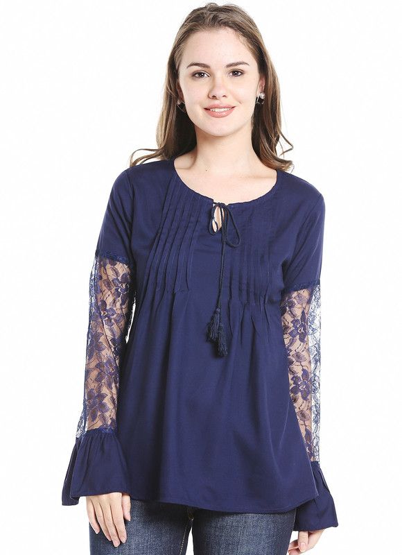 Party Bell Sleeves Solid Women Blue Top