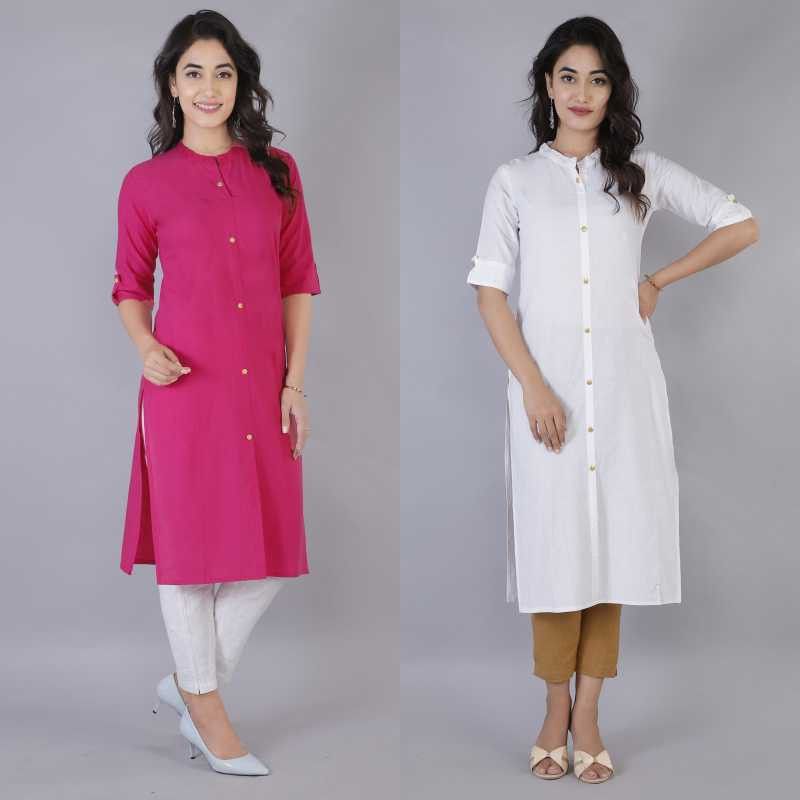 Pack of 2 Women Solid Cotton Blend Straight Kurta  (White, Pink)