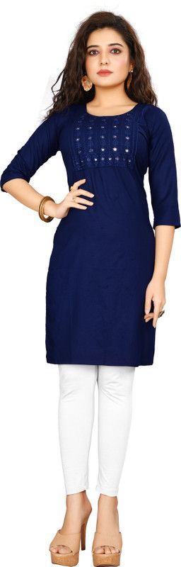 Women Solid Cotton Rayon Straight Kurta  (Blue)